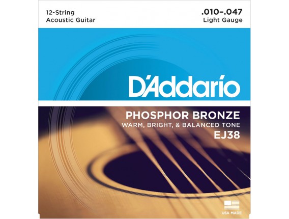 D'ADDARIO EJ38 - Jeu de 12 cordes folk, Phosphore Bronze, Light