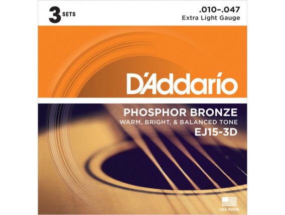 D'ADDARIO EJ15-3D - Lot de 3 jeux de cordes EJ15 Phosphore Bronze, Extra Light 10-47