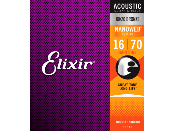 ELIXIR 11306 - Jeu de 8 cordes pour acoustique Baritone, Bronze 80/20 Nanoweb, tirant Baritone 16-70