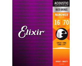 ELIXIR 11306 - Jeu de 6 cordes pour acoustique Baritone, Bronze 80/20 Nanoweb, tirant Baritone 16-70
