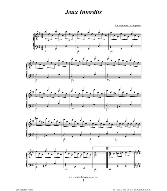 Jeux interdits : bande original du film ( Partition pour piano ) - Ed :  Editions musicales transatlantiques - Rockamusic