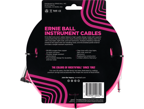 ERNIE BALL - Jack/jack coudé - 3m rose fluo