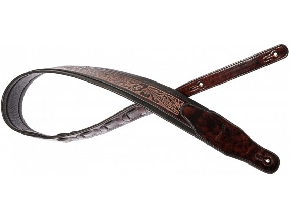 STAGG SPFL LEAF BRW - Sangle rembourrée noire en similicuir avec motif feuille pressé, brun