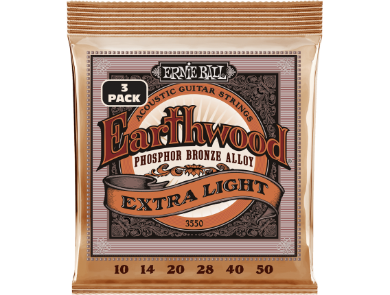 ERNIE BALL 3550 - Pack de 3 Jeux de cordes pour guitare Folk Earthwood 10/50, Phosphore Bronze