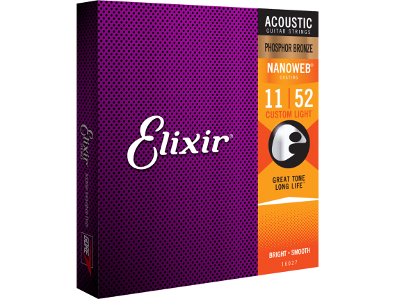 ELIXIR 16027 - Jeu de cordes acoustique Phosphor Bronze Nanoweb, tirant Custom Light 11-15-22-32-42-52