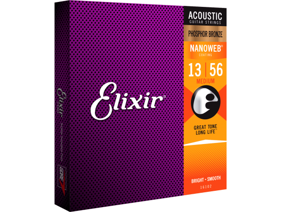 ELIXIR 16102 - Jeu de cordes acoustique Phosphor Bronze Nanoweb, tirant Medium 13-17-26-35-45-56
